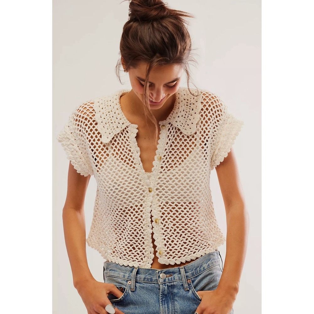 Free People Lily Crochet Top Womens Medium White Open Knit Short Sleeve NEW
